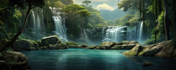Amazing tropical forest with beautiful lake and fast flowing waterfall over boulders in background.