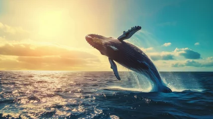 Fotobehang A whale jumps out of the water nearby, a bright azure sea illuminated by the sun at sunset, an idea for a poster on World Wildlife Day nature protection © Ed