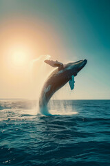Vertical poster with a blue whale jumping out of the water, a bright azure sea illuminated by the sun at sunset, an idea for a poster on World Wildlife Day, nature protection, whale watching