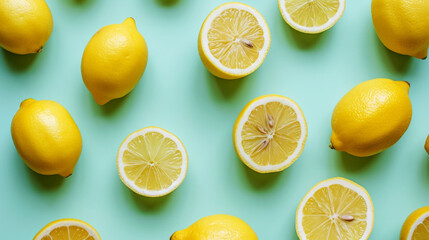Trendy bright lemon pattern. Pastel green background. Minimalist summer food concept. Generative AI