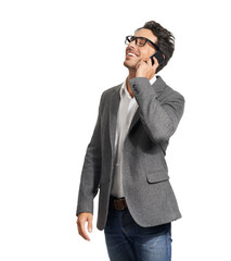 Fototapeta premium Happy, laugh and phone call by business man in studio with silly conversation on white background. Smartphone, networking and male salesman with funny client, joke or friendly online consultation