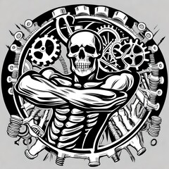 black and white illustration of a skeleton and gears - obrazy, fototapety, plakaty