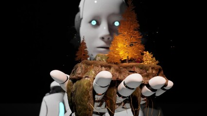 artificial intelligence robot hold peace of earth with nature in fire. Global warming or problems are problem with ai can help us or destroy - Powered by Adobe