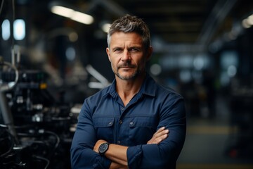 This captivating portrait showcases an industry maintenance engineer, dressed in a sharp uniform and wearing a safety hard hat, positioned at a factory station