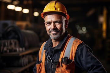 This captivating portrait showcases an industry maintenance engineer, dressed in a sharp uniform and wearing a safety hard hat, positioned at a factory station