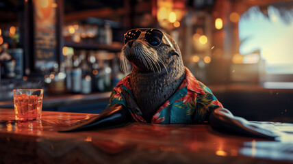 Poster of sea lion wearing sunglasses and Hawaiian shirt in hotel bar, vacation and resort travel invitation