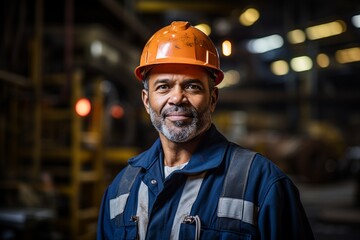 This captivating portrait showcases an industry maintenance engineer, dressed in a sharp uniform and wearing a safety hard hat, positioned at a factory station