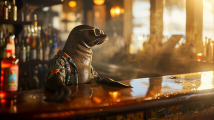 Funny sea lion wearing glasses and colorful shirt in hotel lobby bar, bright sunlight, space for concept, vacation and travel invitation to resort