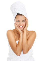 Towel, beauty portrait and happy woman with cosmetics, aesthetic makeup or facial collagen results. Bathroom, clean face and girl check skincare shine, hygiene or foundation on white background