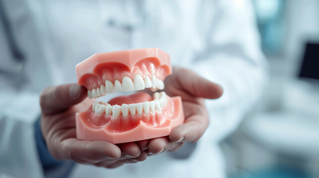 Hands of dentist holding prosthetic teeth