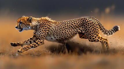 Cheetah in Action, Dynamic shot of a cheetah in full sprint, symbolizing speed and agility in the animal kingdom