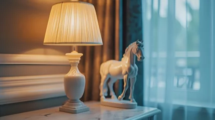 Fotobehang beautiful side lamp home decorative nightstand light in rose gold color and floral pattern horse sculpture figurine art piece as wide banner home decor interior design with copy space, generative ai © Chaman