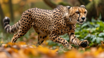 Fototapeta premium Cheetah in Action, Dynamic shot of a cheetah in full sprint, symbolizing speed and agility in the animal kingdom