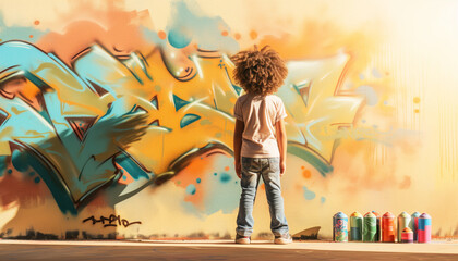 A curly hair graffiti artist young boy, full body standing by painting the graffiti wall, graffiti...