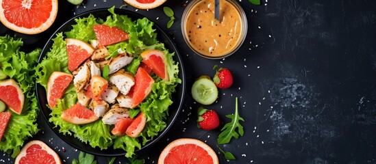 Top-down view of a dietary menu with fresh chicken salad, grapefruit, lettuce, and honey mustard dressing, promoting proper nutrition.