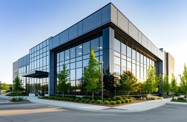 Fototapeta na wymiar small office building - Dark gray and amber commercial building with tree accents showcasing precision engineering