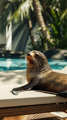 Fototapeta premium Portrait of a fur seal lying on a sun lounger on the sandy beach of a resort hotel, World Wildlife Day banner and disturbance of natural habitat of wild animals
