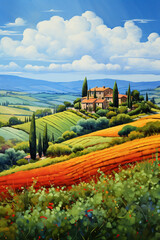 Fototapeta na wymiar Tuscany oil painting with fields, meadows, cypress trees and houses on the hills
