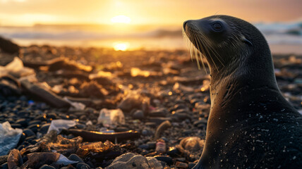 Close-up portrait of a young fur seal against the backdrop of a rocky sea beach. in the rays of the setting sun, banner of World Wildlife Day and violation of the natural habitat of wild animals - obrazy, fototapety, plakaty