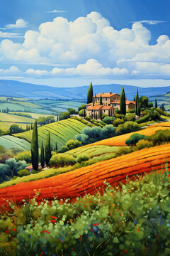 Tuscany oil painting with fields, meadows, cypress trees and houses on the hills