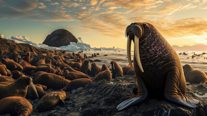 Portrait with a big old walrus on the background of a beach with a herd of walruses, melting ice and climate change, ocean plastic pollution, World Wildlife Day concept with free space
