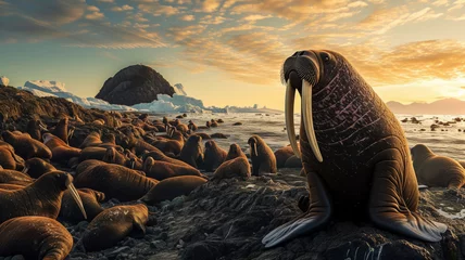 Photo sur Plexiglas Walrus Portrait with a big old walrus on the background of a beach with a herd of walruses, melting ice and climate change, ocean plastic pollution, World Wildlife Day concept with free space