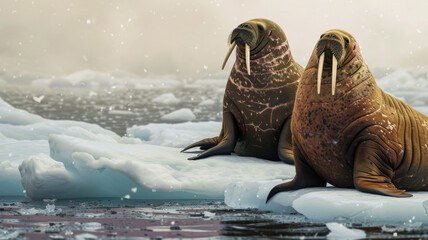 Banner with walruses swimming on an ice floe, melting ice and climate change, ocean plastic pollution, concept for World Wildlife and Ecology Day