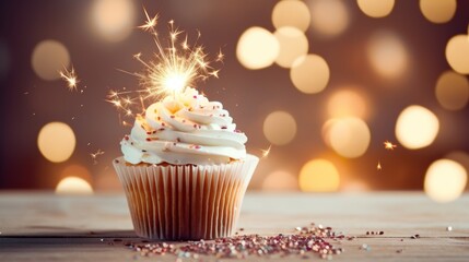 Scrumptious cupcake sparkling in celebration on a white table with beautiful bokeh lights