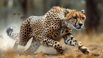 Cheetah in Action, Dynamic shot of a cheetah in full sprint, symbolizing speed and agility in the animal kingdom