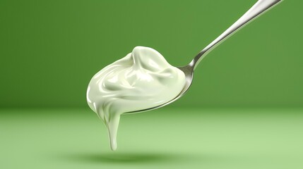 Fresh Natural Yogurt or Cream on the Metal Spoon


