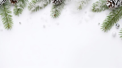 tree branch with pine cones in the snow ,white blank background,free space for text