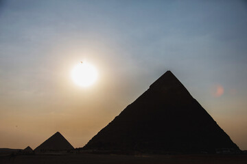 Fototapeta na wymiar Very beautiful shot of the Pyramids of Giza, long-distance gliders