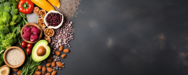 Fototapeta na wymiar Top view of colorful vegetable mix with nuts with dark background. Healthy food concept. Fresh vegetable, raw food. Copy space for free text