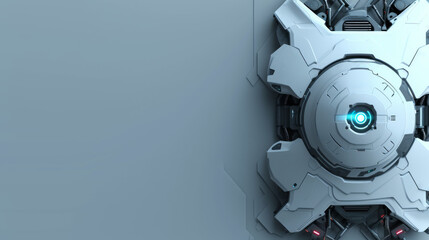 Advanced robotic eye with blue illumination on a white high-tech background.