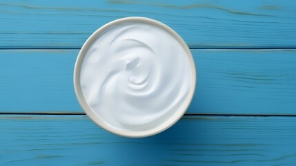 Greek Yogurt in Bowl on Blue Wooden Table Top

