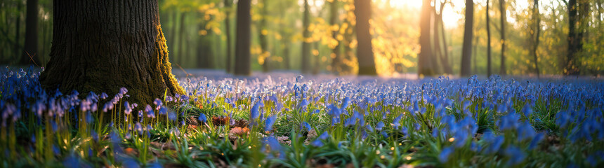 Wild Beauty: A Springtime Medley of Bluebells and Wildflowers in a Forest Meadow - obrazy, fototapety, plakaty