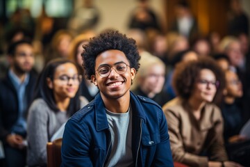 Fototapeta premium In this vibrant image, a confident black university student is captured in a brightly lit classroom, actively participating in a lecture
