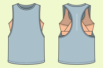 Ladies Sports Workout Tank Top with Built-in Bra - Front and Back View - Vector Flat Sketch for Running, Yoga, and Gym