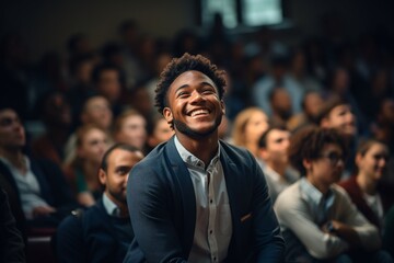 In this vibrant image, a confident black university student is captured in a brightly lit classroom, actively participating in a lecture - obrazy, fototapety, plakaty
