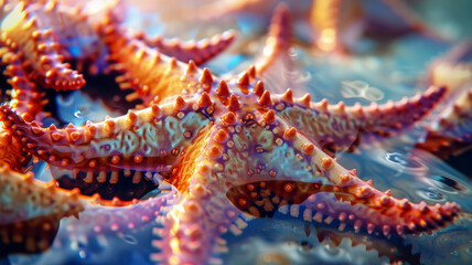 Starfish closeup washed ashore by the surf, sea mollusks and World Wildlife Day concept