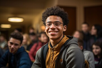 In this vibrant image, a confident black university student is captured in a brightly lit classroom, actively participating in a lecture - obrazy, fototapety, plakaty