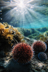 banner with sea urchins sunlight displacing the seabed, ecology protection and environmental pollution problems and World Wildlife Day concept