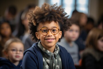 Fototapeta premium In this vibrant image, a confident black university student is captured in a brightly lit classroom, actively participating in a lecture