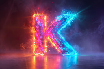 Letter K - colorful glowing outline alphabet symbol on blue lens flare dark background