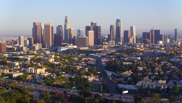 Downtown Los Angeles aerial view, business centre of the city in dawn, sunset