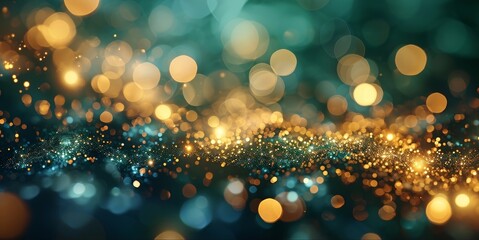 Abstract blur bokeh banner background. Gold bokeh on defocused emerald green background, Generative AI - obrazy, fototapety, plakaty