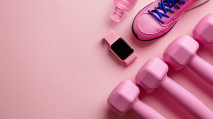 Pink fitness equipment, kettlebells, dumbbells, training sneakers and smart watch tracker, monochrome pink objects arranged in right corner on pastel pink background with copy space