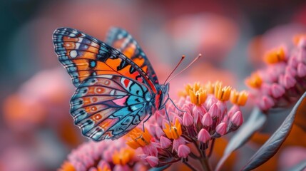 Obraz premium Colorful Butterfly Macro, Close-up of a vibrant butterfly resting on a flower, showcasing intricate details and colors