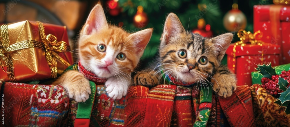 Wall mural Two colorful kittens wearing festive collars peeking out of a stocking surrounded by presents, making eye contact with the viewer.