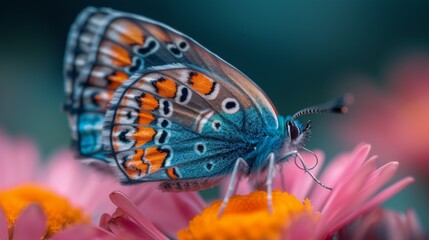 Colorful Butterfly Macro, Close-up of a vibrant butterfly resting on a flower, showcasing intricate details and colors